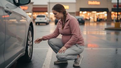 Byla jsem v osmém měsíci, když mě manžel opustil s proraženým kolem v dešti — a zbledl, když viděl, kdo přijel místo něj
